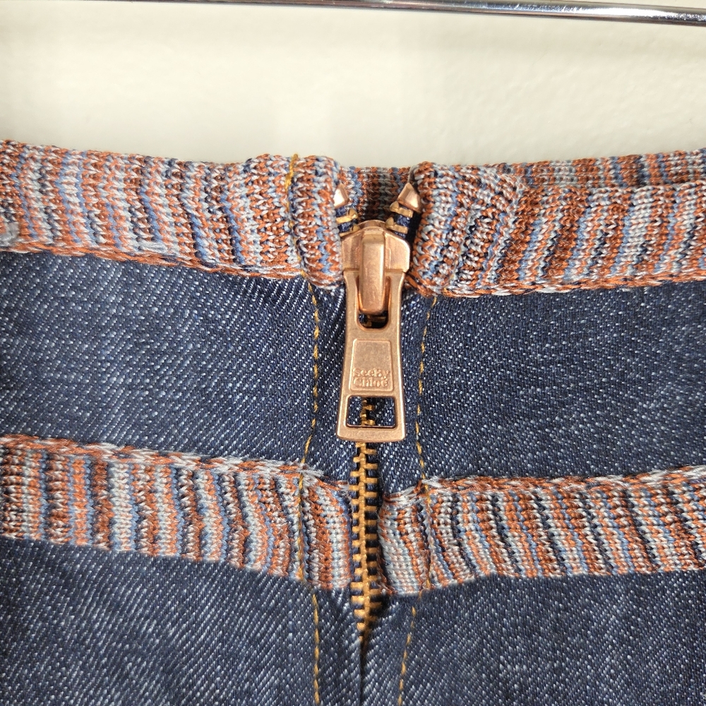 See By Chloe Dark Wash A-Line Denim Mini Skirt Multicolor Piping Pockets 24" - Picture 4 of 6